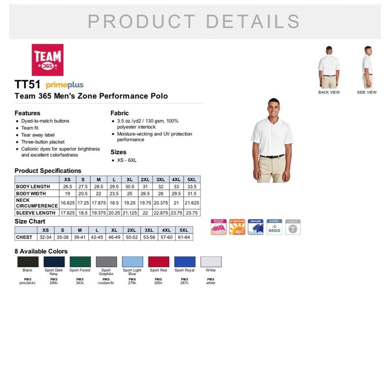 Puede incluir: Una camiseta polo de rendimiento blanca con una tapeta de tres botones y una etiqueta extra&iacute;ble. La camiseta est&aacute; hecha de un tejido que absorbe la humedad y protege contra los rayos UV. La tabla de tallas muestra las medidas en pulgadas. La camiseta est&aacute; disponible en ocho colores.