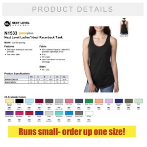 May include: A black racerback tank top with the text "N1533 primeplus Next Level Ladies' Ideal Racerback Tank" and product details including fabric, size, and colour options. The tank top is shown on a model and a back view of the tank top is also shown.