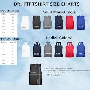 Puede incluir: Una tabla de tallas de camisetas Dri-Fit con cuadros para camisetas sin mangas de adulto y de mujer. Incluye muestras de colores en blanco, negro, grafito, azul marino, rojo, azul real y plata, junto con especificaciones y diagramas de medida.