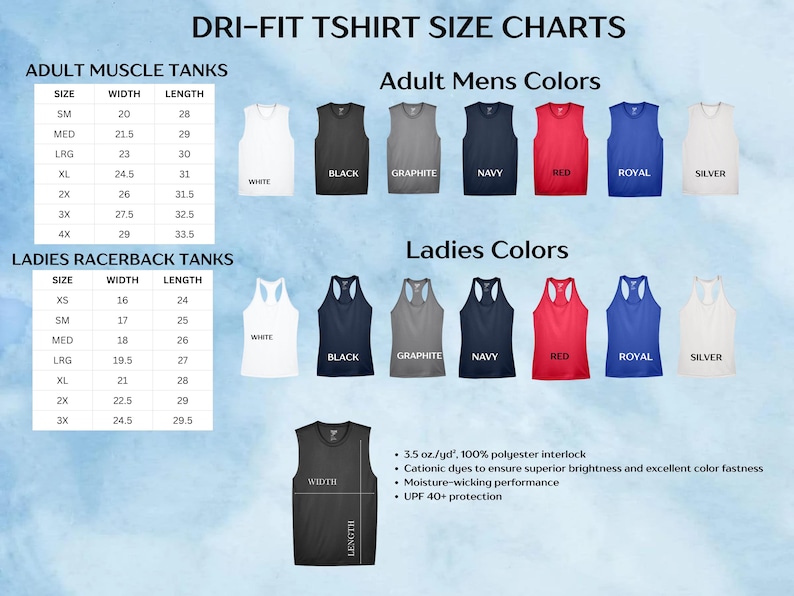 Puede incluir: Una tabla de tallas de camisetas Dri-Fit con cuadros para camisetas sin mangas de adulto y de mujer. Incluye muestras de colores en blanco, negro, grafito, azul marino, rojo, azul real y plata, junto con especificaciones y diagramas de medida.