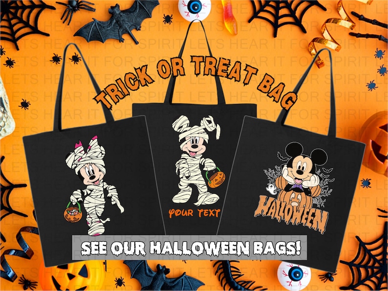 May include: Three black tote bags featuring Halloween-themed graphics. The left bag shows a mummy character holding a pumpkin bucket. The center bag displays a mummy character with space for text. The right bag features a character sitting on a pumpkin.