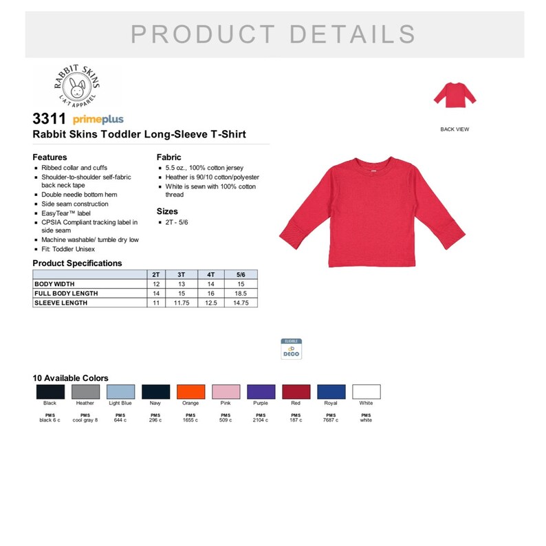 K&ouml;nnte beinhalten: Rotes Langarm-T-Shirt f&uuml;r Kleinkinder mit geripptem Kragen und B&uuml;ndchen. Das Shirt besteht aus 5,5 oz. 100 % Baumwolljersey. Gr&ouml;&szlig;en 2T-5/6. Die Produktspezifikationen umfassen die K&ouml;rperbreite, die Gesamtl&auml;nge des K&ouml;rpers und die &Auml;rmell&auml;nge in Zoll.