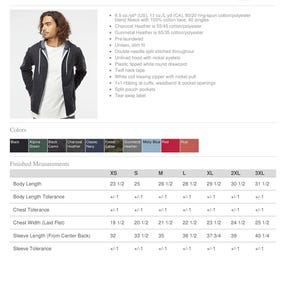 May include: A charcoal heather full-zip hooded sweatshirt featuring a white drawstring, a white front zipper, and split-pouch pockets. The product specification sheet includes a color palette, fabric details, and a table of finished measurements in inches.