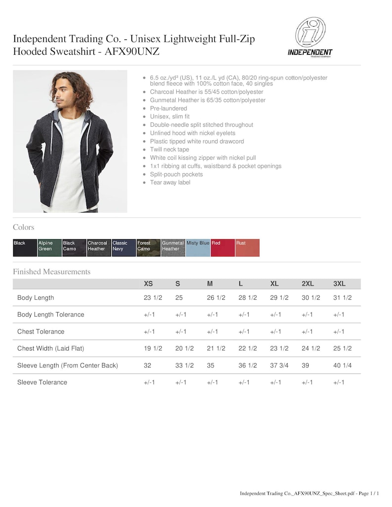 May include: A charcoal heather full-zip hooded sweatshirt featuring a white drawstring, a white front zipper, and split-pouch pockets. The product specification sheet includes a color palette, fabric details, and a table of finished measurements in inches.