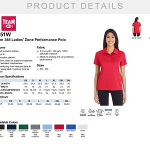 May include: A red performance polo shirt with a two-button placket and a team fit. The shirt is made of 100% polyester interlock fabric and features moisture-wicking and UV protection. The shirt is available in sizes XS-3XL.