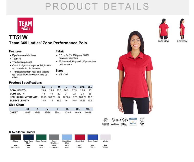 May include: A red performance polo shirt with a two-button placket and a team fit. The shirt is made of 100% polyester interlock fabric and features moisture-wicking and UV protection. The shirt is available in sizes XS-3XL.