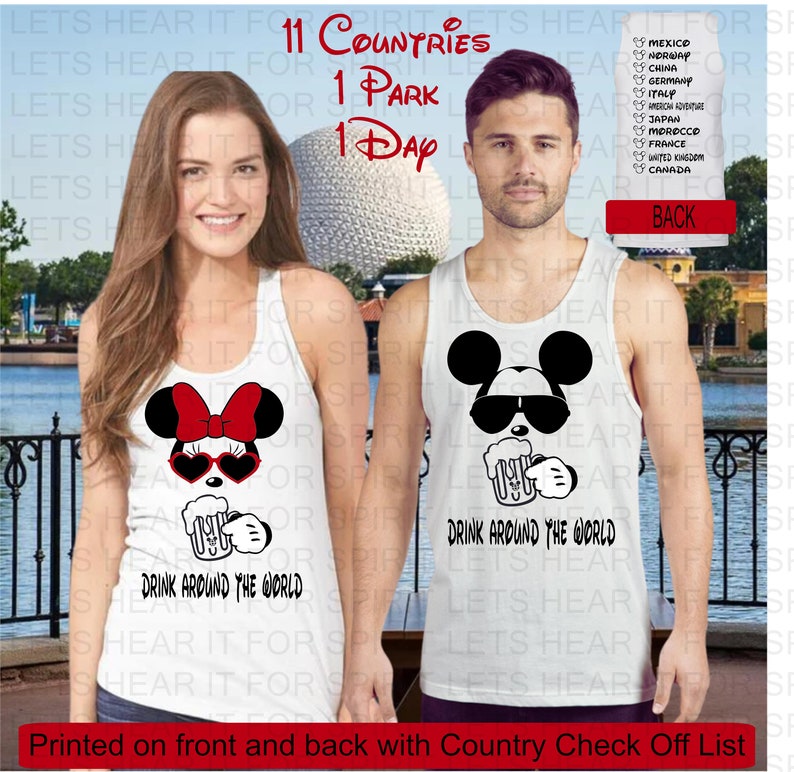 Peut inclure: D&eacute;bardeurs blancs avec des motifs noirs de Mickey et Minnie Mouse, portant des lunettes de soleil et tenant des chopes de bi&egrave;re. Le texte "DRINK AROUND THE WORLD" est imprim&eacute; en dessous. L'image comprend &eacute;galement le texte "11 Countries 1 Park 1 Day".