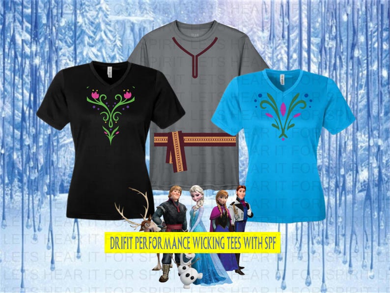 K&ouml;nnte beinhalten: Drei kurz&auml;rmelige V-Ausschnitt-T-Shirts in Schwarz, Grau und Blau, jedes mit einem einzigartigen dekorativen Design. Die Hemden haben ein Blumenmuster und werden mit Zeichentrickfiguren pr&auml;sentiert. Der Text unten lautet "DRIFIT PERFORMANCE WICKING TEES WITH SPF."