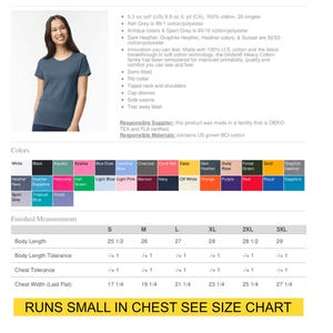May include: Gildan Women's Heavy Cotton T-Shirt 5000L in various colours. Features include a semi-fitted design, rib collar, and taped neck and shoulders. Available in sizes S to 3XL. The text reads: "RUNS SMALL IN CHEST SEE SIZE CHART."