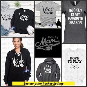 K&ouml;nnte beinhalten: Eine Sammlung von Hockey-Kleidung mit verschiedenen Designs. Die Designs beinhalten "Love Hockey", "Hockey Mom", "Hockey is my favorite season" und "Born to Play". Die Kleidung ist in verschiedenen Farben und Stilen erh&auml;ltlich, darunter Hoodies, T-Shirts und Strampler.