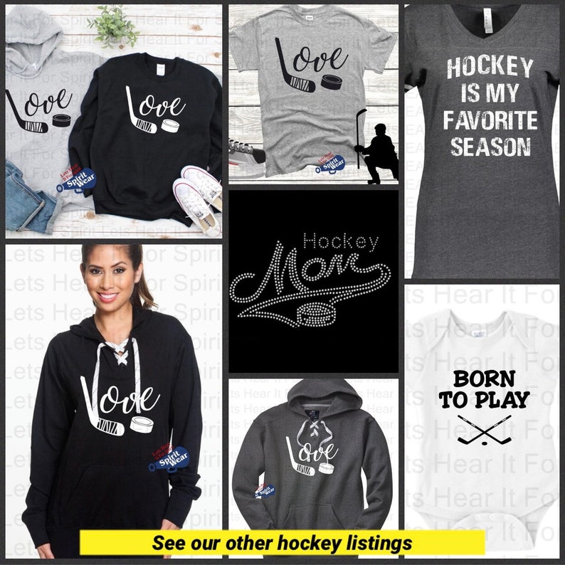 K&ouml;nnte beinhalten: Eine Sammlung von Hockey-Kleidung mit verschiedenen Designs. Die Designs beinhalten "Love Hockey", "Hockey Mom", "Hockey is my favorite season" und "Born to Play". Die Kleidung ist in verschiedenen Farben und Stilen erh&auml;ltlich, darunter Hoodies, T-Shirts und Strampler.