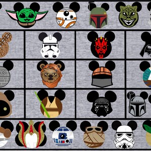 May include: A set of 25 Disney Mickey Mouse ears featuring different Star Wars characters. The ears are gray with black outlines and feature characters like Yoda, Darth Vader, Chewbacca, and Stormtroopers.