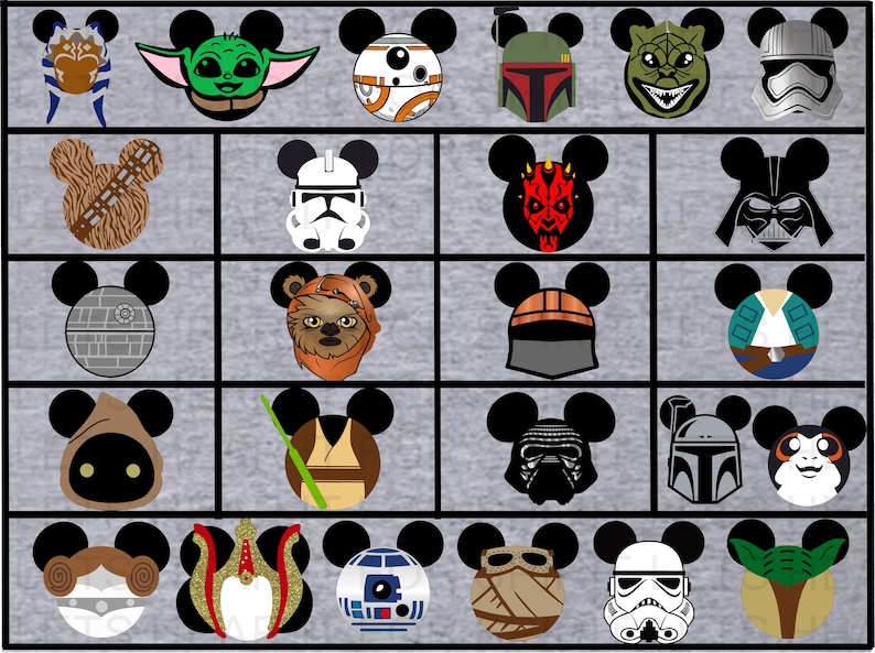 May include: A set of 25 Disney Mickey Mouse ears featuring different Star Wars characters. The ears are gray with black outlines and feature characters like Yoda, Darth Vader, Chewbacca, and Stormtroopers.