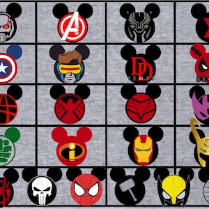 May include: A collage of 16 different superhero logos, each displayed in a red, black, and white Mickey Mouse silhouette. The logos include characters such as Iron Man, Captain America, Thor, Hulk, and Spider-Man.