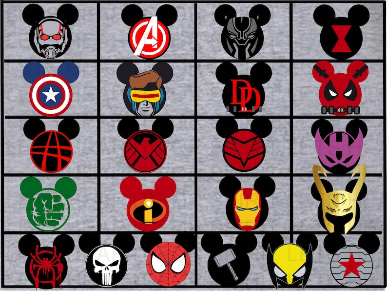 May include: A collage of 16 different superhero logos, each displayed in a red, black, and white Mickey Mouse silhouette. The logos include characters such as Iron Man, Captain America, Thor, Hulk, and Spider-Man.