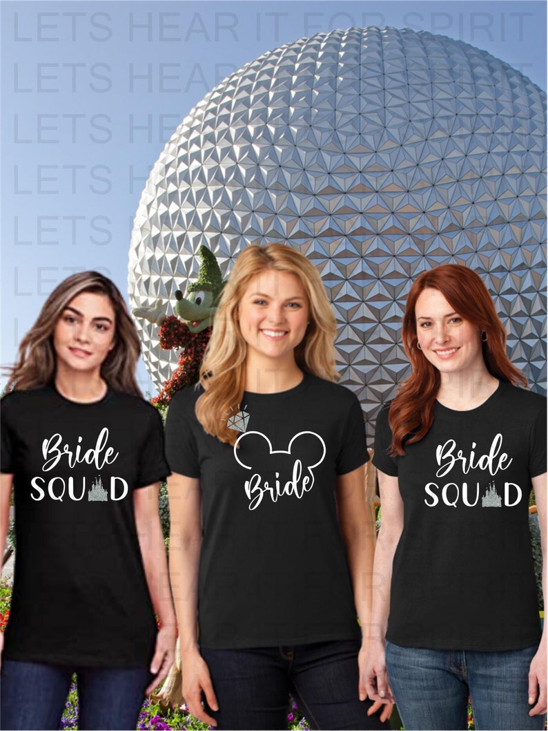 May include: Three black t-shirts with white text and graphics. The shirts say "Bride Squad" with a castle graphic, "Bride" with a Mickey Mouse ear graphic, and "Bride Squad" with a castle graphic.