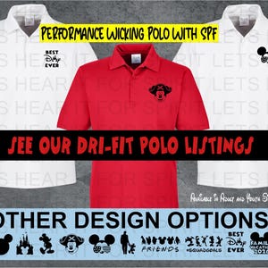 May include: Three polo shirts, one red and two white, with short sleeves. The red shirt is centered, flanked by the white shirts. Text on the image reads "Performance Wicking Polo with SPF" and "See our Dri-Fit Polo Listings."