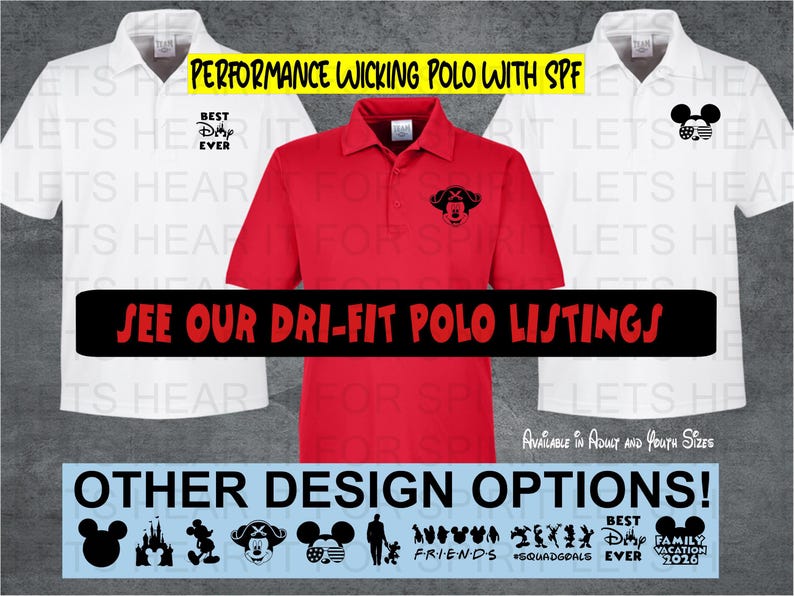 May include: Three polo shirts, one red and two white, with short sleeves. The red shirt is centered, flanked by the white shirts. Text on the image reads "Performance Wicking Polo with SPF" and "See our Dri-Fit Polo Listings."