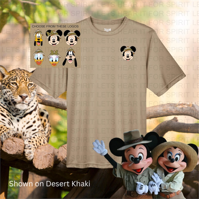 May include: Desert khaki t-shirt featuring a Mickey Mouse safari design. The shirt has a small Mickey Mouse graphic on the chest and a selection of other Disney character logos. The text "Choose from these logos" is visible. The words "Shown on Desert Khaki" are also visible.