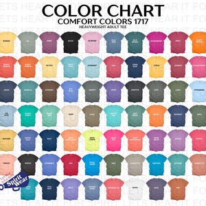 K&ouml;nnte beinhalten: Eine Farbkarte f&uuml;r Comfort Colors 1717 Heavyweight Adult T-Shirts. Die Karte zeigt eine gro&szlig;e Auswahl an Farben, darunter Blau-, Rosa-, Gr&uuml;n-, Gelb- und Oranget&ouml;ne. Der Text "FARBKARTE" steht oben.