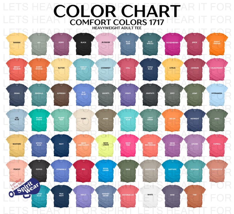 K&ouml;nnte beinhalten: Eine Farbkarte f&uuml;r Comfort Colors 1717 Heavyweight Adult T-Shirts. Die Karte zeigt eine gro&szlig;e Auswahl an Farben, darunter Blau-, Rosa-, Gr&uuml;n-, Gelb- und Oranget&ouml;ne. Der Text "FARBKARTE" steht oben.