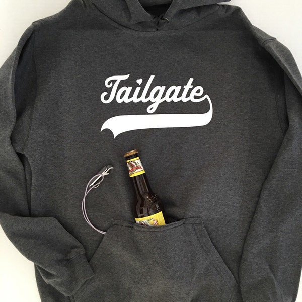 Tailgate Hoodie Sweatshirt with built in neoprene insulated drink beverage holder to keep your beer cold - bottle opener attached to pocket