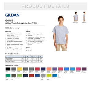 Puede incluir: Detalles del producto para una camiseta Gildan Youth Softstyle de 4.5 oz. La imagen muestra las caracter&iacute;sticas de la camiseta, la composici&oacute;n de la tela y los colores disponibles. La camiseta est&aacute; disponible en tallas XS-XL. La imagen tambi&eacute;n muestra a un joven usando la camiseta.