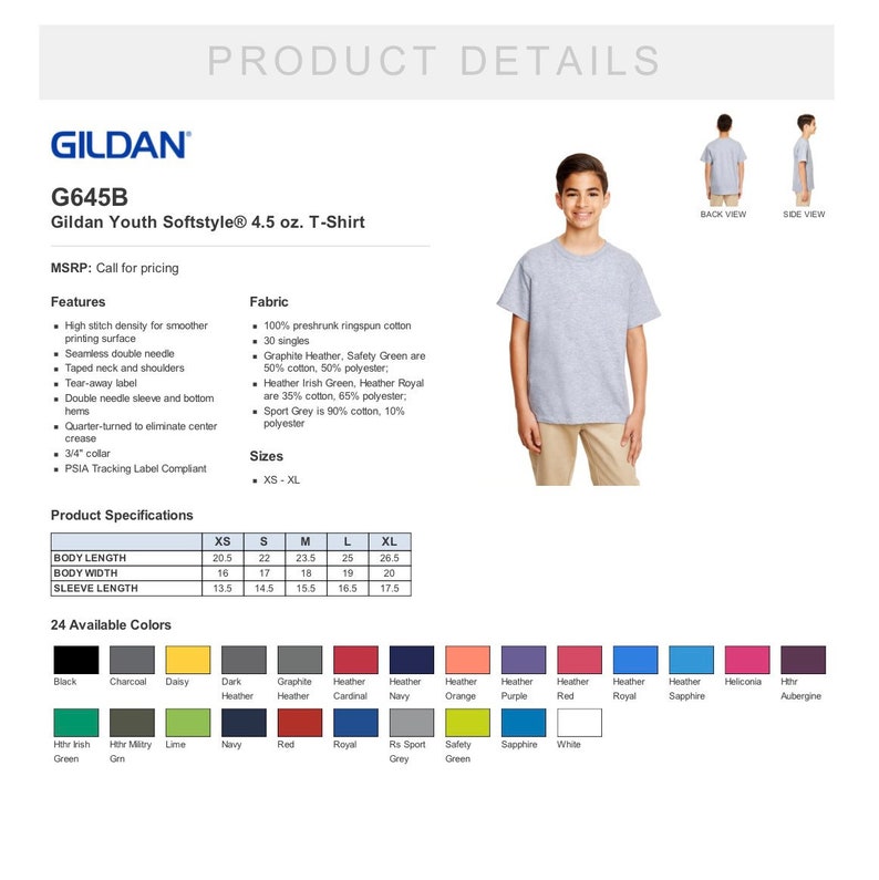 Puede incluir: Detalles del producto para una camiseta Gildan Youth Softstyle de 4.5 oz. La imagen muestra las caracter&iacute;sticas de la camiseta, la composici&oacute;n de la tela y los colores disponibles. La camiseta est&aacute; disponible en tallas XS-XL. La imagen tambi&eacute;n muestra a un joven usando la camiseta.