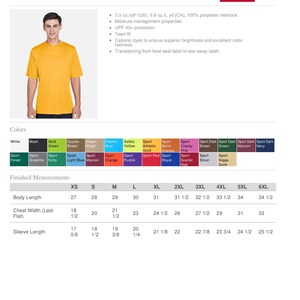 K&ouml;nnte beinhalten: Ein gelbes Kurzarm-Performance-T-Shirt aus der Team 365-Kollektion. Das Bild zeigt eine Farbtabelle mit verschiedenen Optionen und fertigen Ma&szlig;en in cm f&uuml;r verschiedene Gr&ouml;&szlig;en. Das T-Shirt besteht aus 100 % Polyester-Interlock.