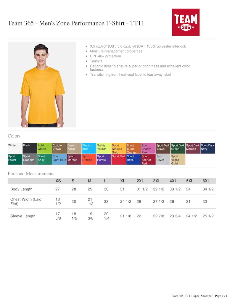 K&ouml;nnte beinhalten: Ein gelbes Kurzarm-Performance-T-Shirt aus der Team 365-Kollektion. Das Bild zeigt eine Farbtabelle mit verschiedenen Optionen und fertigen Ma&szlig;en in cm f&uuml;r verschiedene Gr&ouml;&szlig;en. Das T-Shirt besteht aus 100 % Polyester-Interlock.
