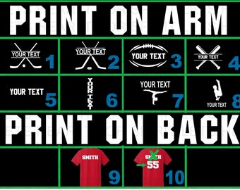 Add text to the back or arm of any of our shirts, Add Name, Add Number, Add your text on a sleeve, Personalize your shirt, Ad On