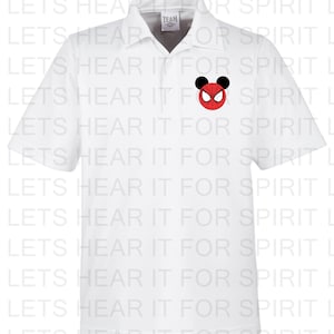 May include: White polo shirt with a red and black Mickey Mouse head with a Spiderman design on the front. The shirt has the text "TEAM" on the left side of the collar.