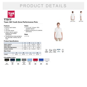 May include: Youth Zone Performance Polo, a moisture-wicking and UV protection polo shirt, available in sizes S-XL and 8 colors. The shirt features a two-button placket, dyed-to-match buttons, and a team fit. Fabric is 3.5 oz./yd2/130 gsm, 100% polyester interlock.