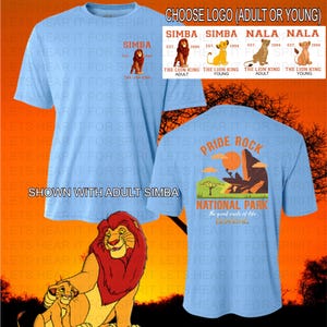 May include: Light blue t-shirts featuring Simba and Nala from The Lion King. One shirt displays Simba with the text "Simba" and "The Lion King". Another shirt shows Pride Rock National Park. Choose from adult or young Simba logos.