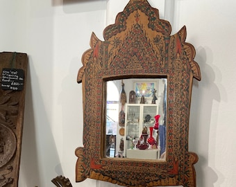 Artisanal North African Mirror, handcrafted folkart, solid wood frame with look for wall hook