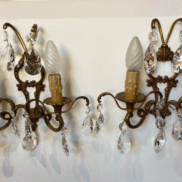 French Rococo style bronze wall sconces,  bronze with crystal glass drops , pair French wall lights, Hollywood regency chandelier