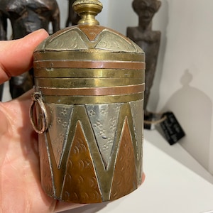 Moroccan vintage box with copper , bronze , and metal pot, trinket box, spice tin,  box  from Northern Africa Berbere , hand made ethnic pot