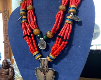 Multi strand beaded tribal design necklace, with ethnic style pendant and vintage beads made by SAHARA , Turkmen tekke pendant