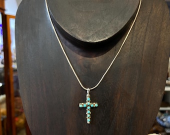 Vintage 1960s Sterling Silver Turquoise Cross Pendant Necklace, Zuni Jewelry