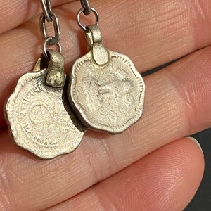 Artisan long silver antique coin earrings, with old ethnic Indian coins and 925sterling silver wires, unique handcrafted for timbuktugallery