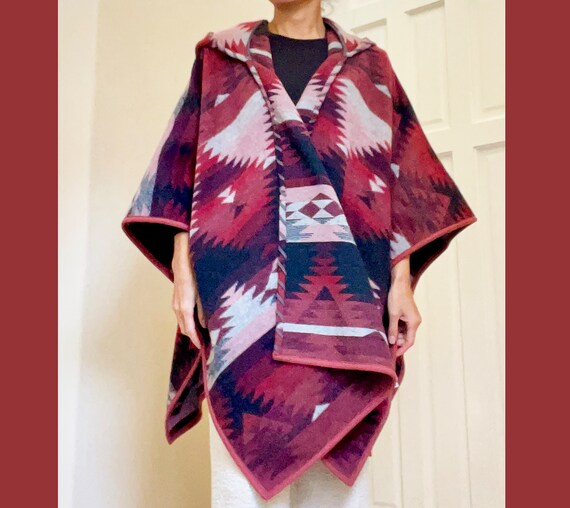 Southwestern 100% Wool Blanket Cape/Poncho with H… - image 3