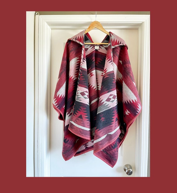Southwestern 100% Wool Blanket Cape/Poncho with H… - image 1