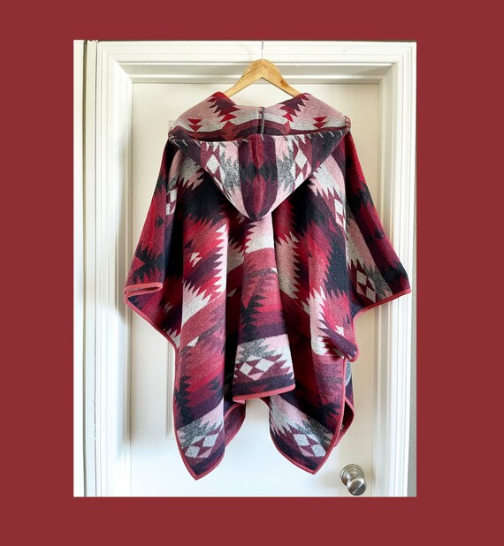 Southwestern 100% Wool Blanket Cape/Poncho with H… - image 2