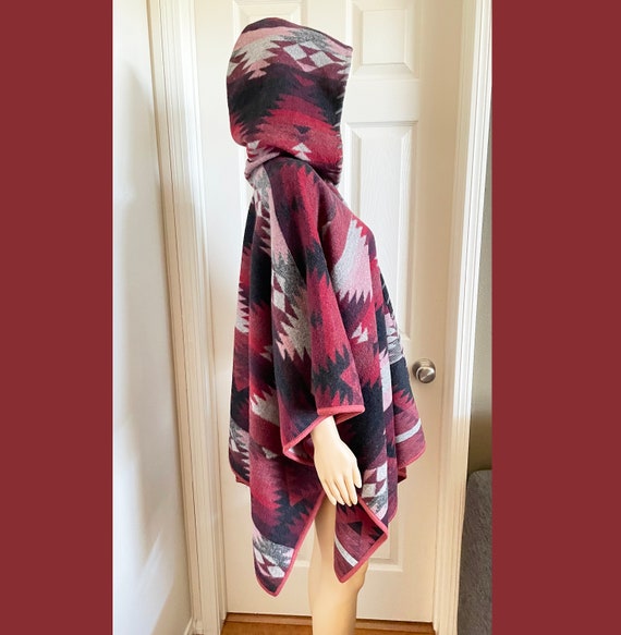 Southwestern 100% Wool Blanket Cape/Poncho with H… - image 7