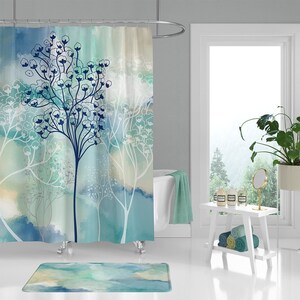 Abstract Tree Shower Curtain, Blue, Mint Green, Beige Floral Bath Curtain, Baby's Breath, Artistic Watercolor Bathroom Décor, Unique