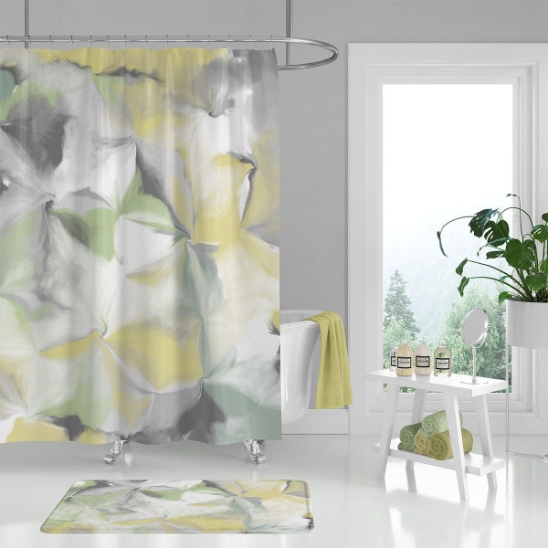 Abstract Art Shower Curtain, Yellow, Green, Gray Bath Curtain, Muted Colors Neutral Bathroom Decor, Unique Bath Mat, Bath Rug