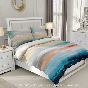 Abstract Duvet Cover, Coastal Bedding Set, Gray Teal Blue Orange, Ocean Beach, Nautical Unique Bedroom Decor, King Queen Twin Pillow Sham