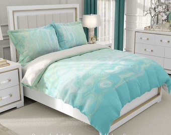 Aqua Blue Duvet Cover, Mint Green Bedding Set, Marble Abstract Art Bedroom Decor, Soft Microfiber Pillow Shams, Unique Designer Bed Cover