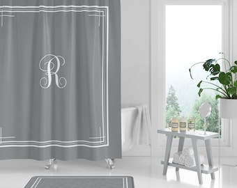 Personalized Monogram Shower Curtain, Custom Initials, Elegant Minimalist Striped Border Bath Curtain, Gray White Custom Name Bath Curtain