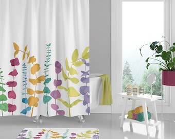 Eucalyptus Shower Curtain, Colorful, Floral, Botanical Leaves, Exotic Greenery Bath Curtain, Blue, Green, Yellow, Purple Boho Bathroom Decor